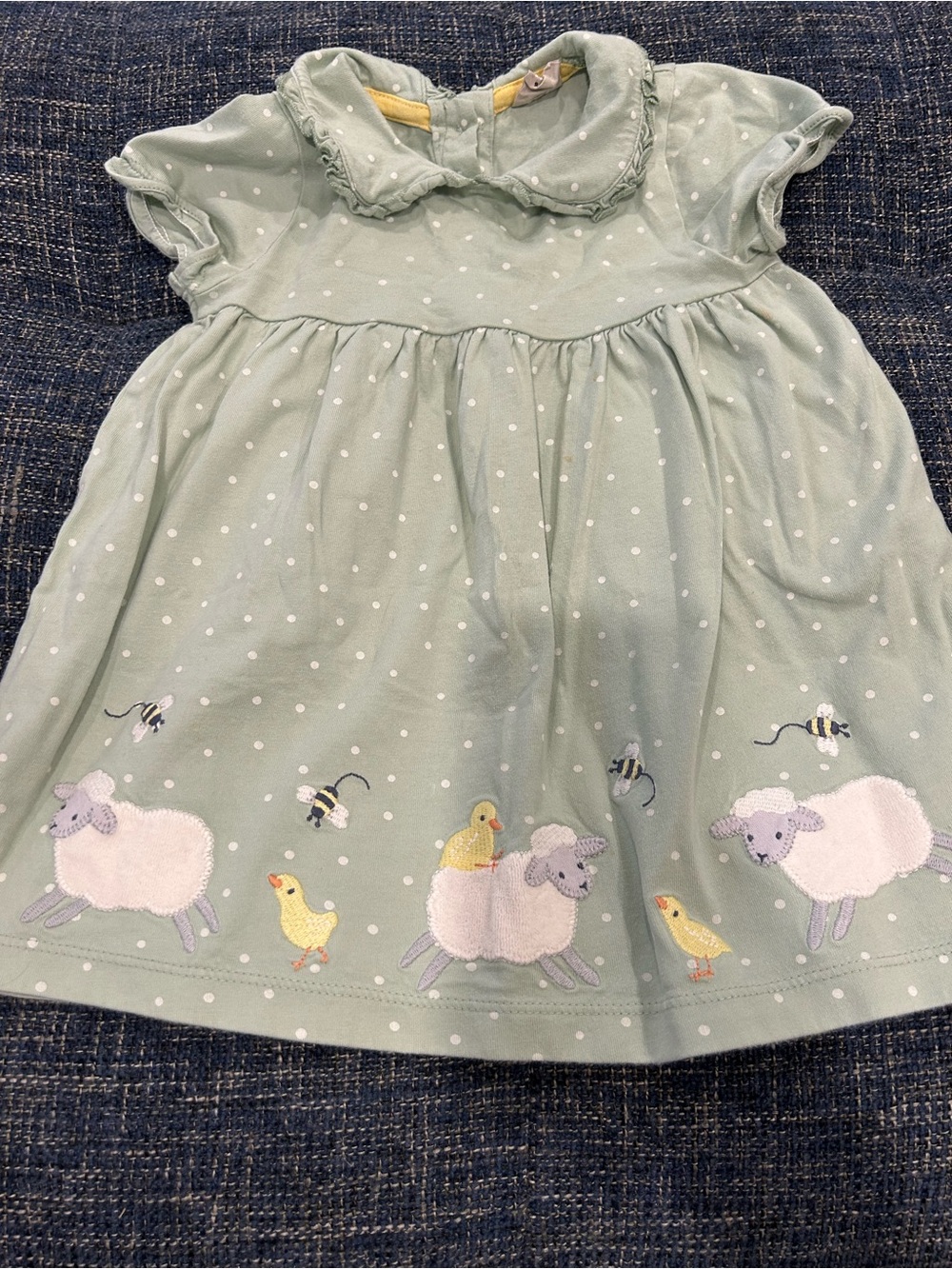 John Lewis Green Polka Dot Dress Embroidered Hem Sheep